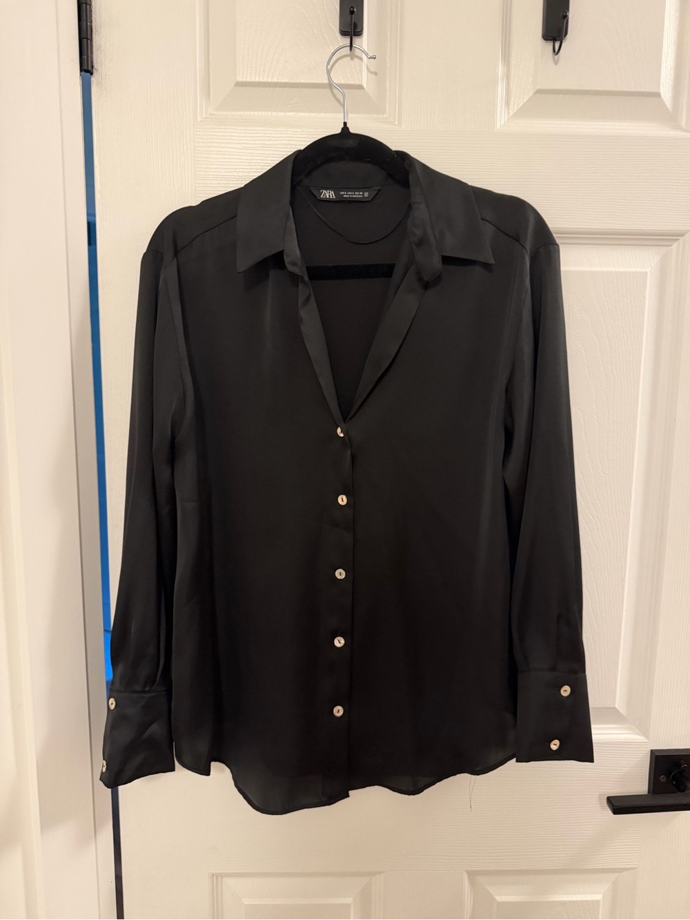 Zara Black Satin-Look Long Sleeve Shirt, Small